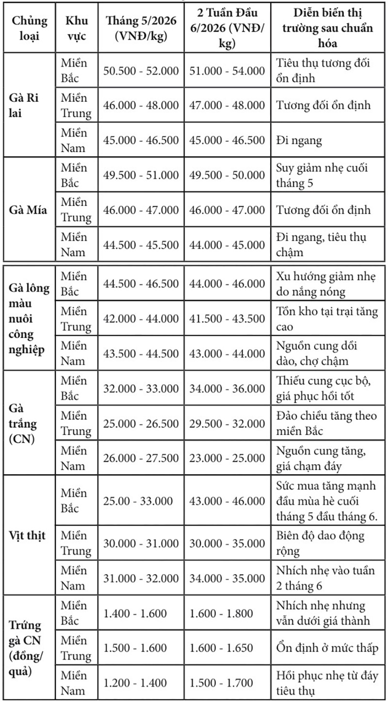 Bảng tổng hợp giá sản phẩm gia cầm tại trại (Tháng 5 - Đầu tháng 6/2026)