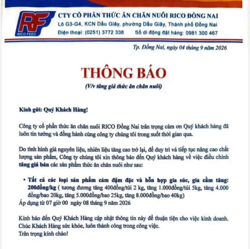 giá thức ăn chăn nuôi Rico